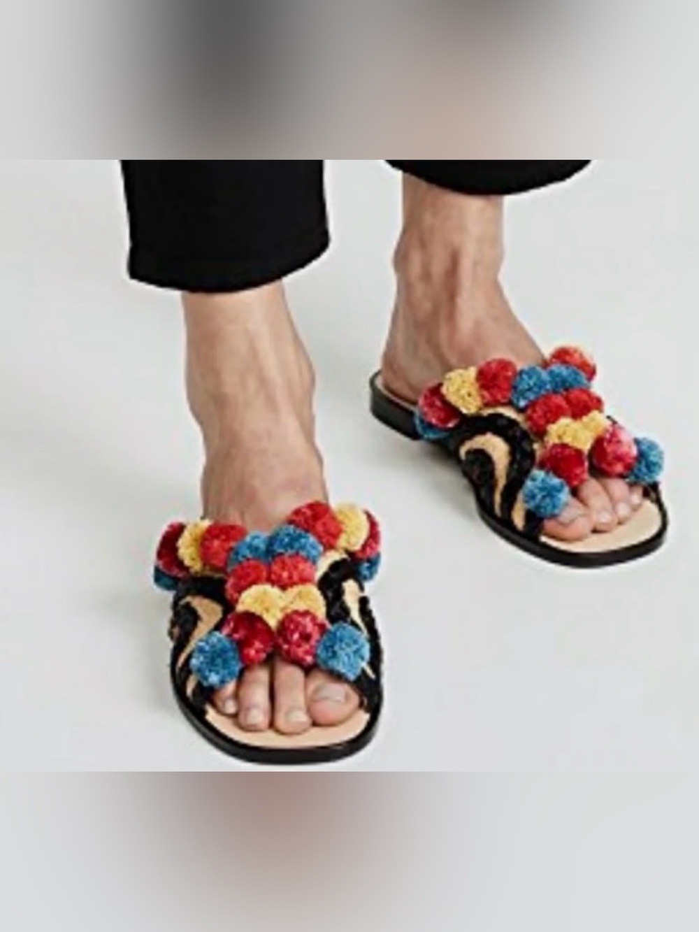 Joie Black Slide Sandals with Red, Blue & Yellow Pom-Poms